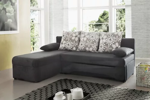 Polar ágyazható sarokkanapé - Fekete (szürke mintás párna)