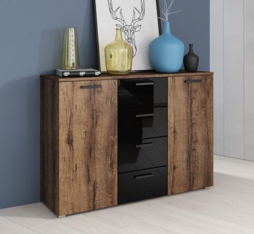 Galaxy ZBEA26 komód - 2 ajtós, 4 fiókos (kolostor tölgy/fényes fekete)