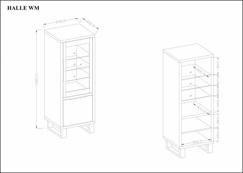 HALLE - Vitrines szekrény, 2-ajtós, keskeny (Wotan tölgy)