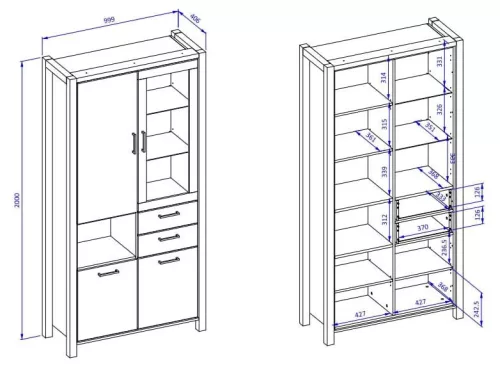 Aktiv TWLK13 vitrines szekrény - 4 ajtós, 2 fiókos (Taurus tölgy/fekete)