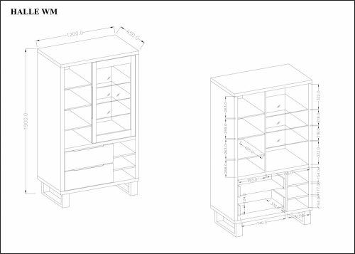 HALLE - Vitrines szekrény, 1-ajtós, 2-fiókos, széles (Wotan tölgy)