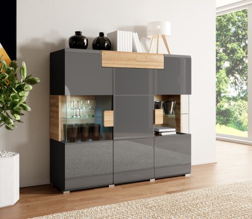 TOLEDO - Vitrines, magas komód (antracit/grandson tölgy)
