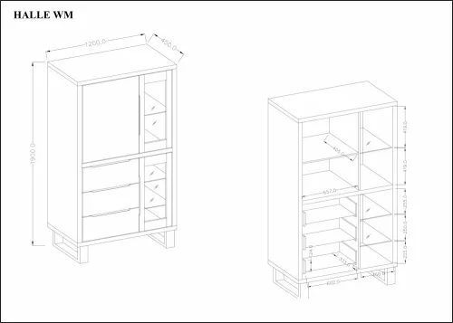 HALLE - Vitrines szekrény, 3-ajtós, 3-fiókos, széles (Wotan tölgy)