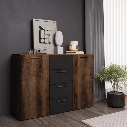 Beta ZB1626 komód - 2 ajtós, 4 fiókos (kolostor tölgy/fekete)