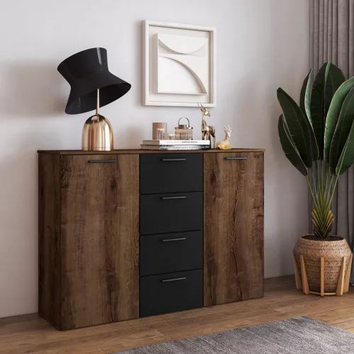 Beta ZB1626 komód - 2 ajtós, 4 fiókos (kolostor tölgy/fekete)