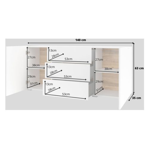 Ava 9NLM26 komód - 2 ajtós, 3 fiókos (Fehér/Wotan tölgy)