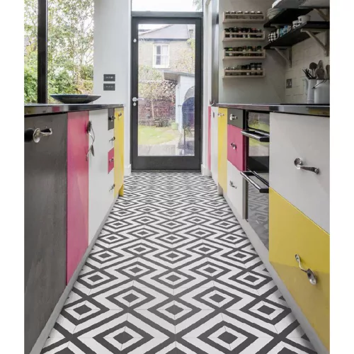 tekercses vinyl padló, PVC -  fekete-fehér csempe mintás Colandra 99T 3 m