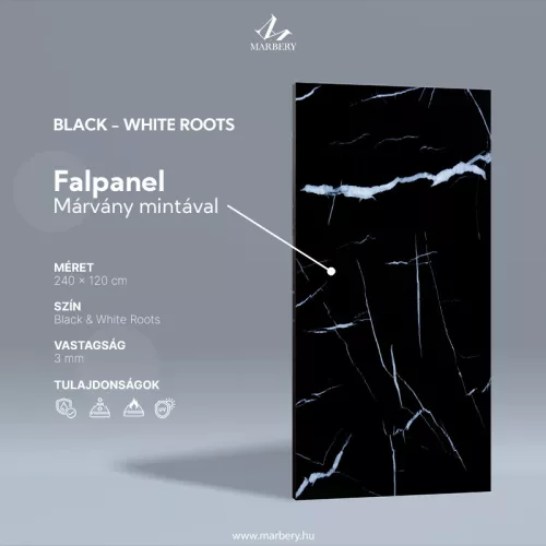 Falpanel, márvány mintával, PVC, 280x120 cm - Black - White Roots