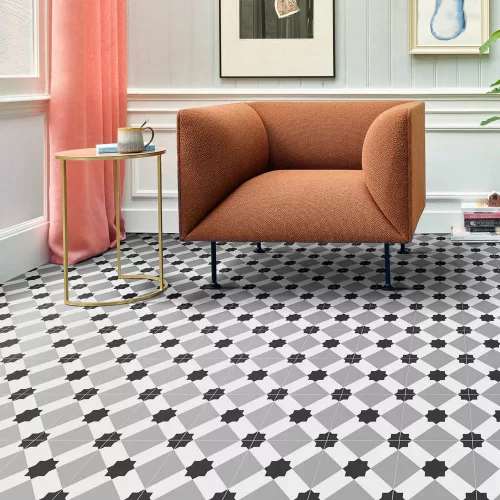tekercses vinyl padló, PVC -  fekete-szürke csempe mintás Colandra 39T 2 m