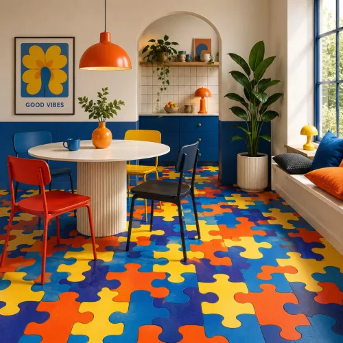 tekercses vinyl padló, PVC -  színes puzzle mintás Maxelle eko 880 Pic 1 m