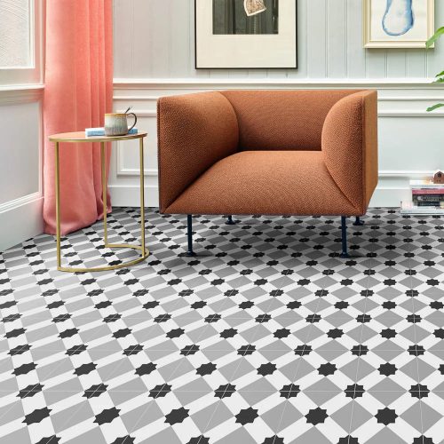 tekercses vinyl padló, PVC -  fekete-szürke csempe mintás Colandra 39T 4 m