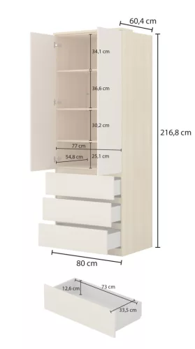 Terra két ajtós, három fiókos gardrób (24LBON68) - lindberg tölgy/sandy beige